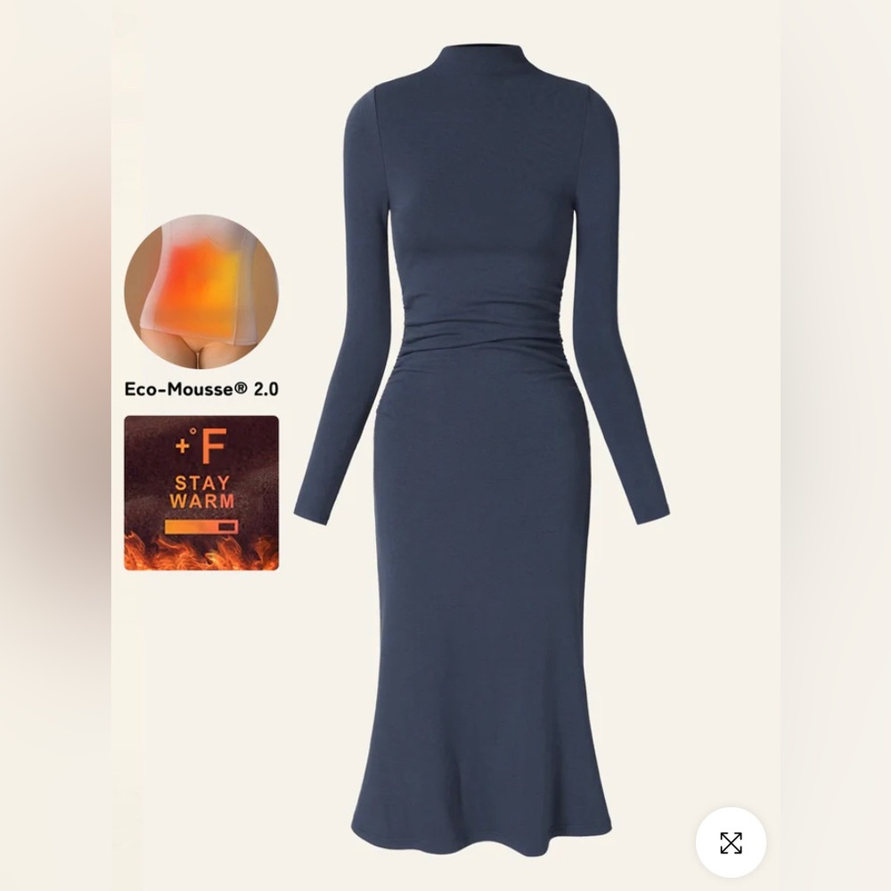 OGL Thermal Mockneck Ruched Waist MIDI Navy Dress